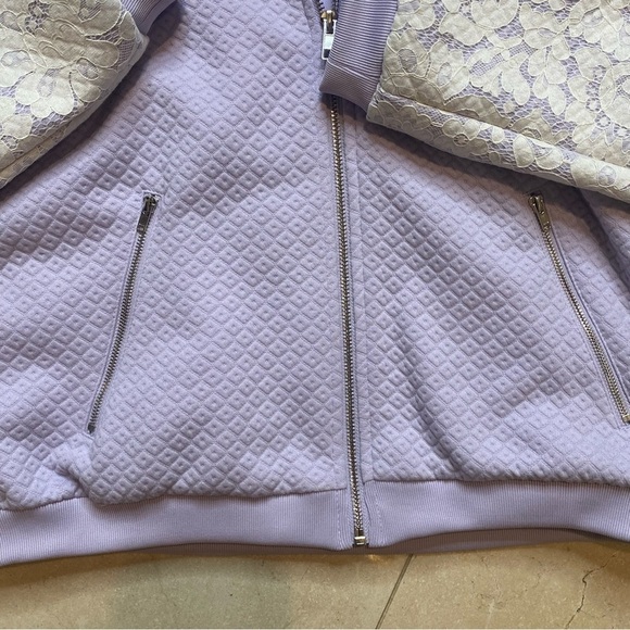Lucy Paris Quilted Bomber Jacket With Lace Sleeves Lavender Medium - Picture 8 of 8